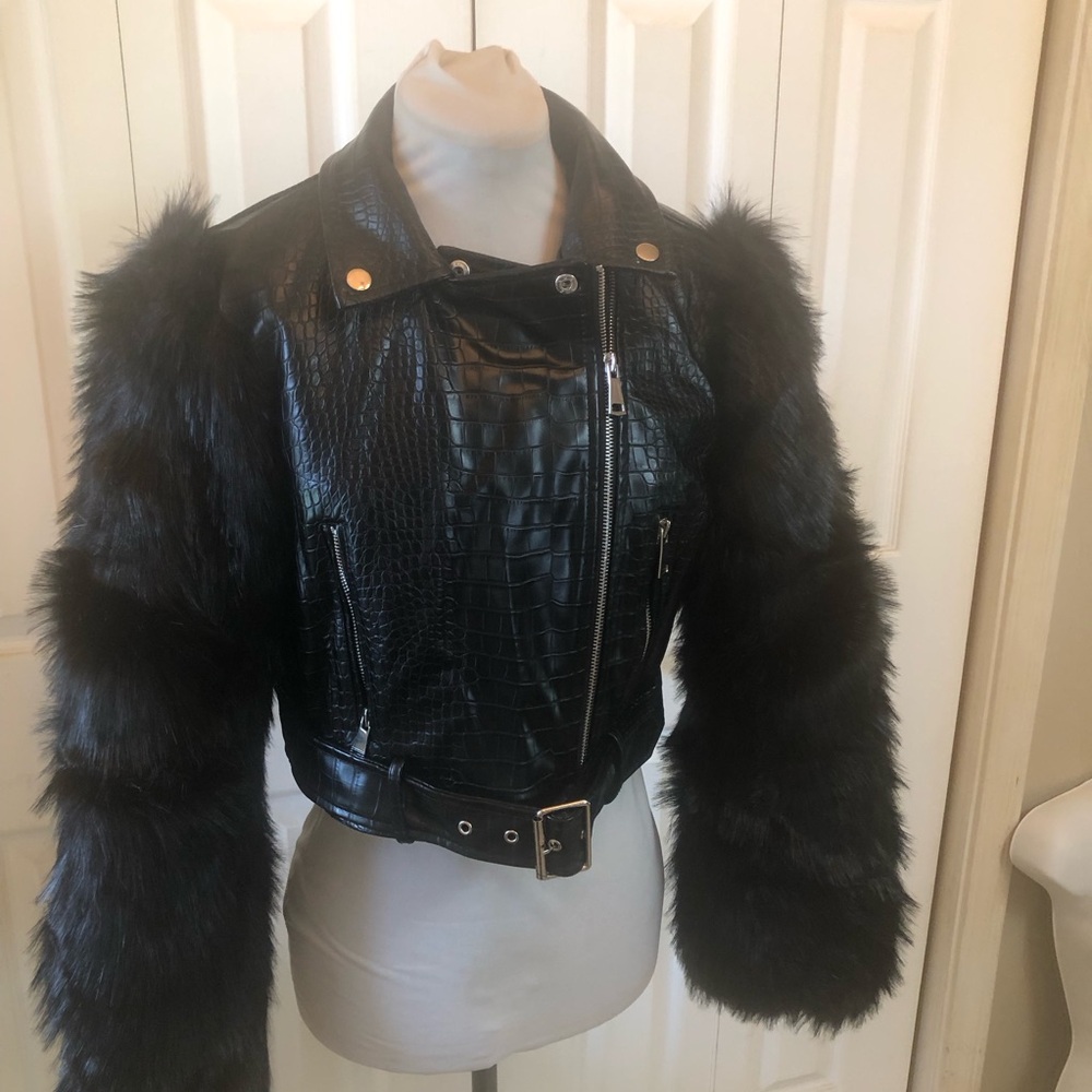 Black Croc-Embossed Faux Leather Moto Jacket with Faux Fur Sleeves